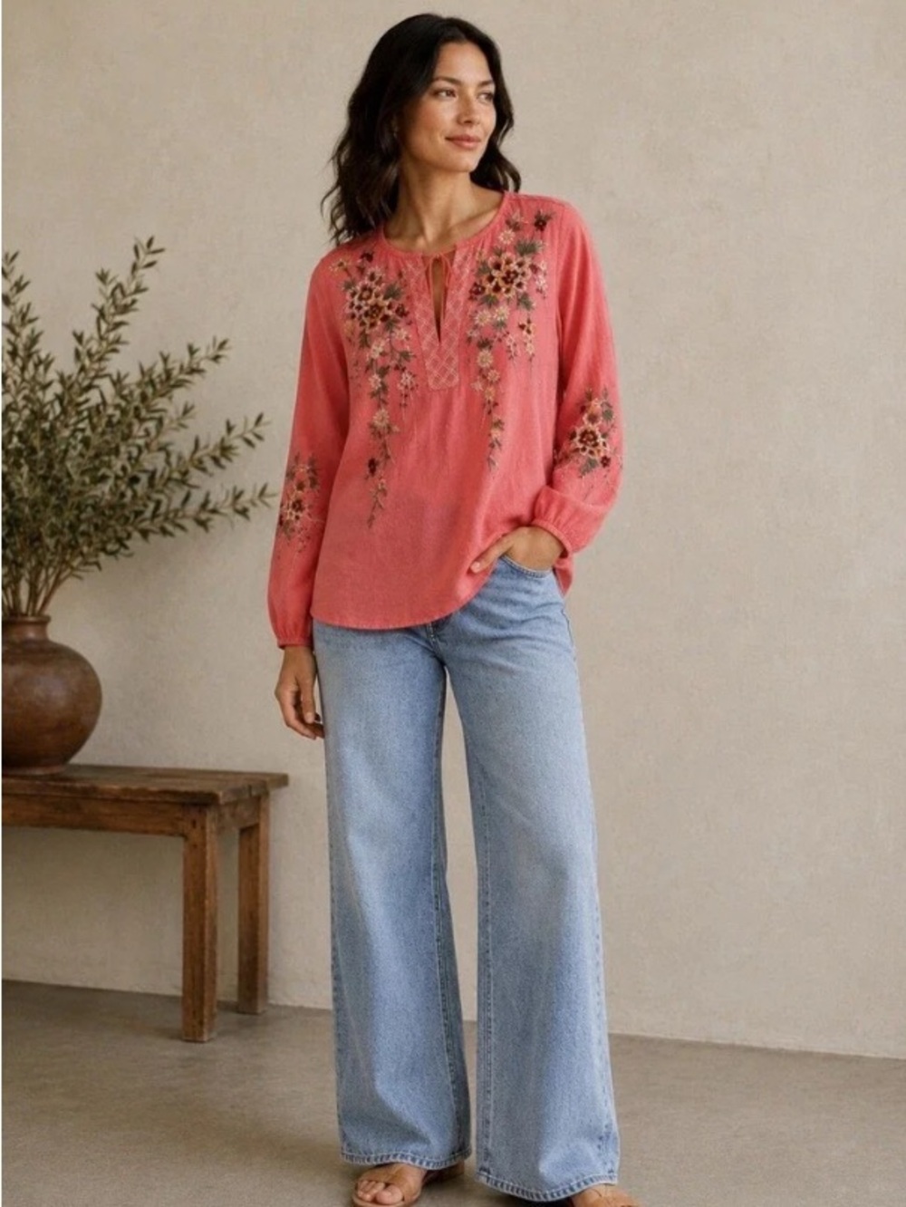 Johnny Was Acacia linen split neckline top in coral sunset - size M